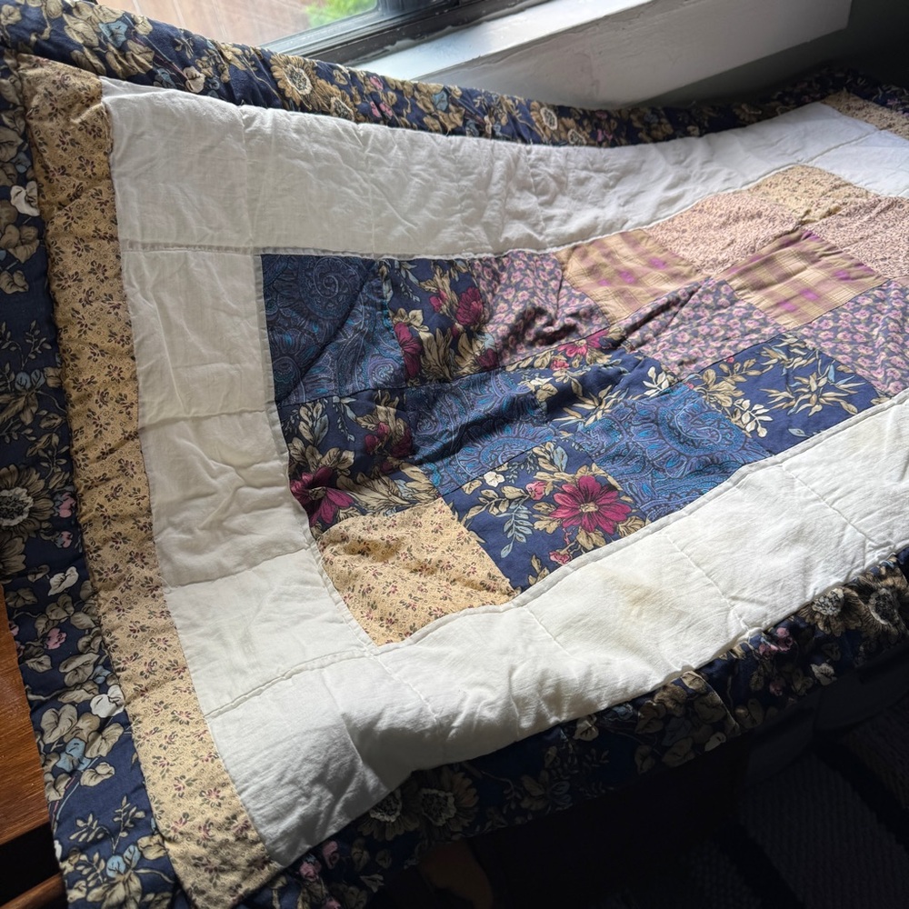 Patchwork Quilted Pillow Sham Country Cottage Floral Blue Beige pillowcase large - Picture 13 of 15